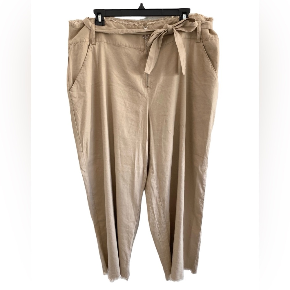 Inc tan linen blend High Waist wide leg crop pant with raw hem